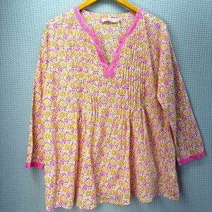 Bluthreads By Rockflowerpaper Pintuck Tunic Top Women M Pink Floral Cotton Boho